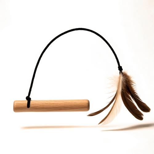 Cat teaser wand with oak handle and natural feathers
