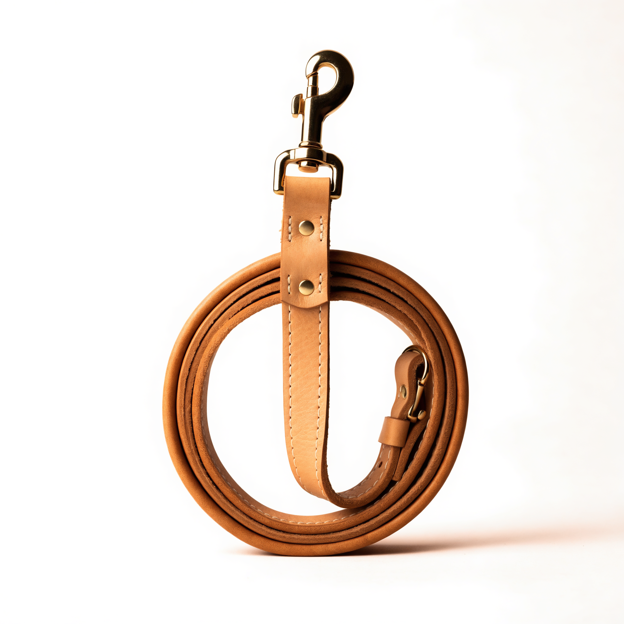 Coiled tan leather dog leash with brass hardware