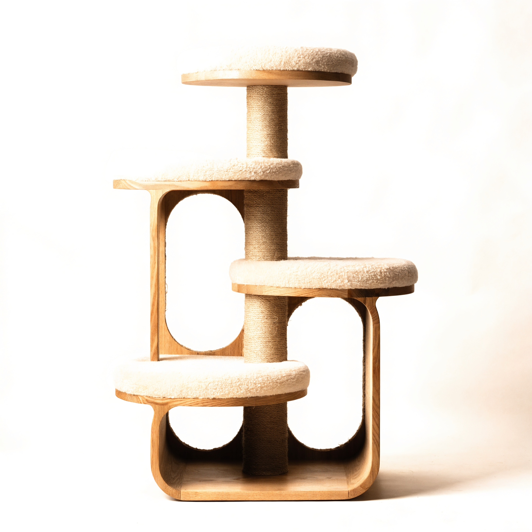Modern oak cat tree with arched cutouts and cream bouclé platforms